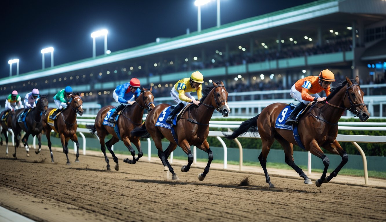 Balapan kuda malam hari di lintasan dengan joki yang sedang mengendarai kuda dalam kecepatan tinggi.