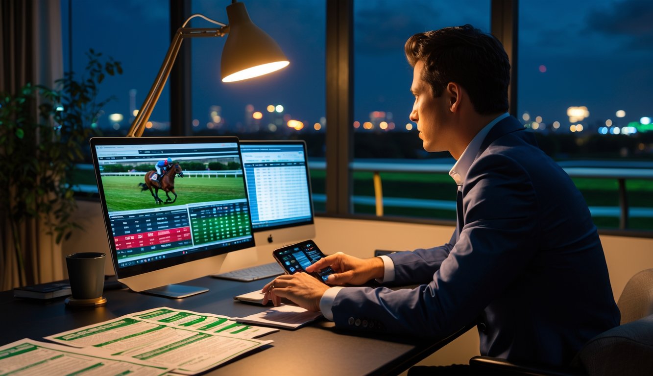 Seseorang sedang menganalisis prediksi balap kuda di malam hari di depan laptop dengan data dan grafik balap kuda.