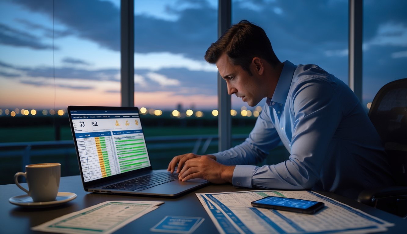 Seseorang sedang fokus menganalisis prediksi balap kuda di laptop di dalam ruangan pada malam hari.