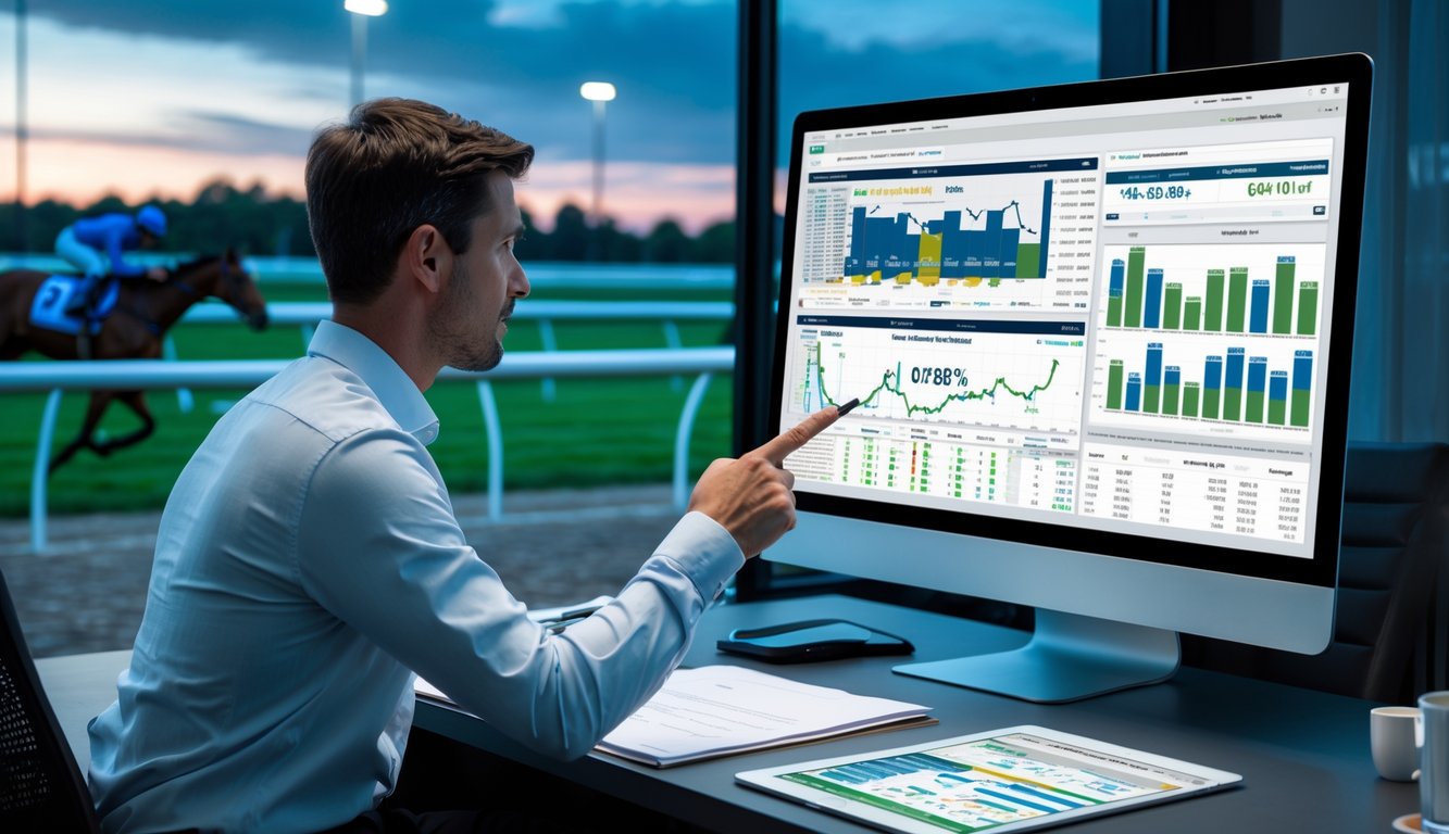 Seorang analis sedang memeriksa data statistik balap kuda di depan komputer dengan latar belakang trek balap dan kuda yang bersiap berlomba di malam hari.