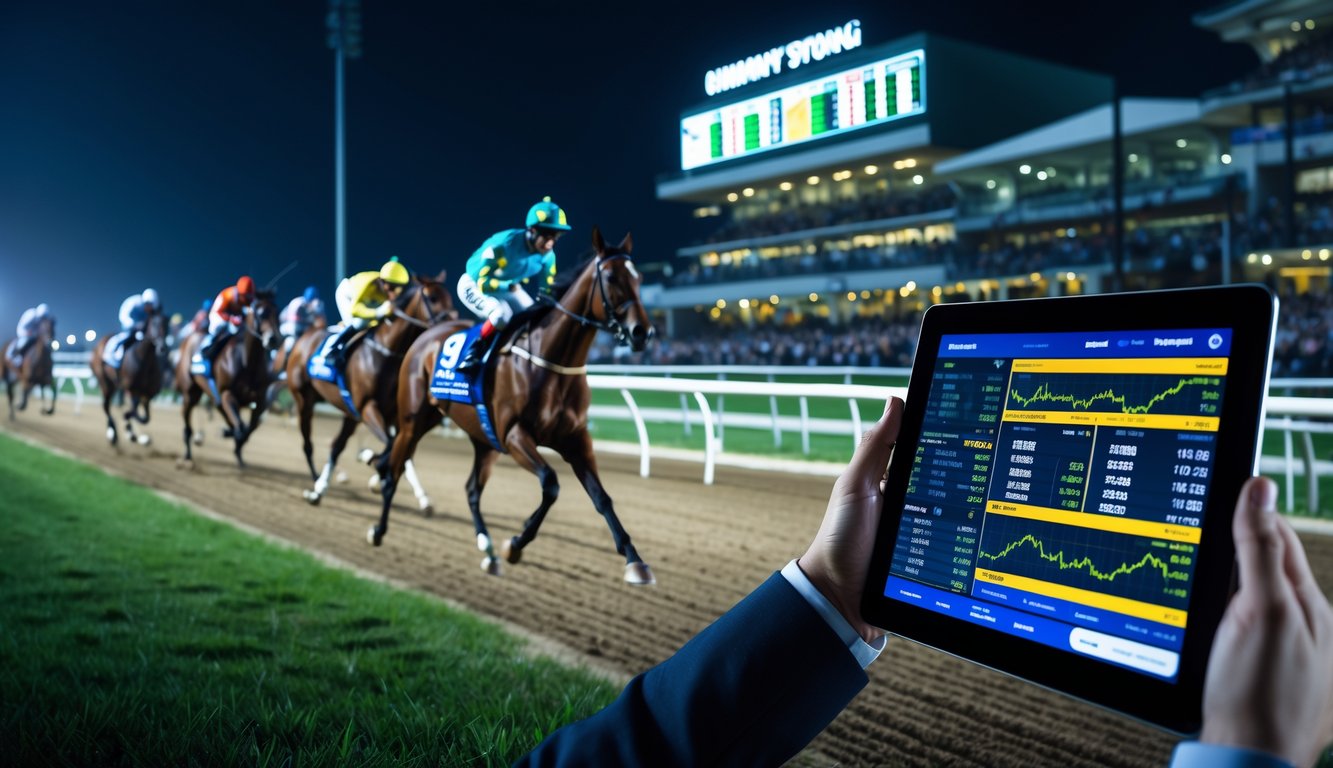 Adegan balap kuda malam hari dengan seorang pria yang sedang menganalisis data taruhan menggunakan tablet di dekat lintasan balap yang terang benderang.