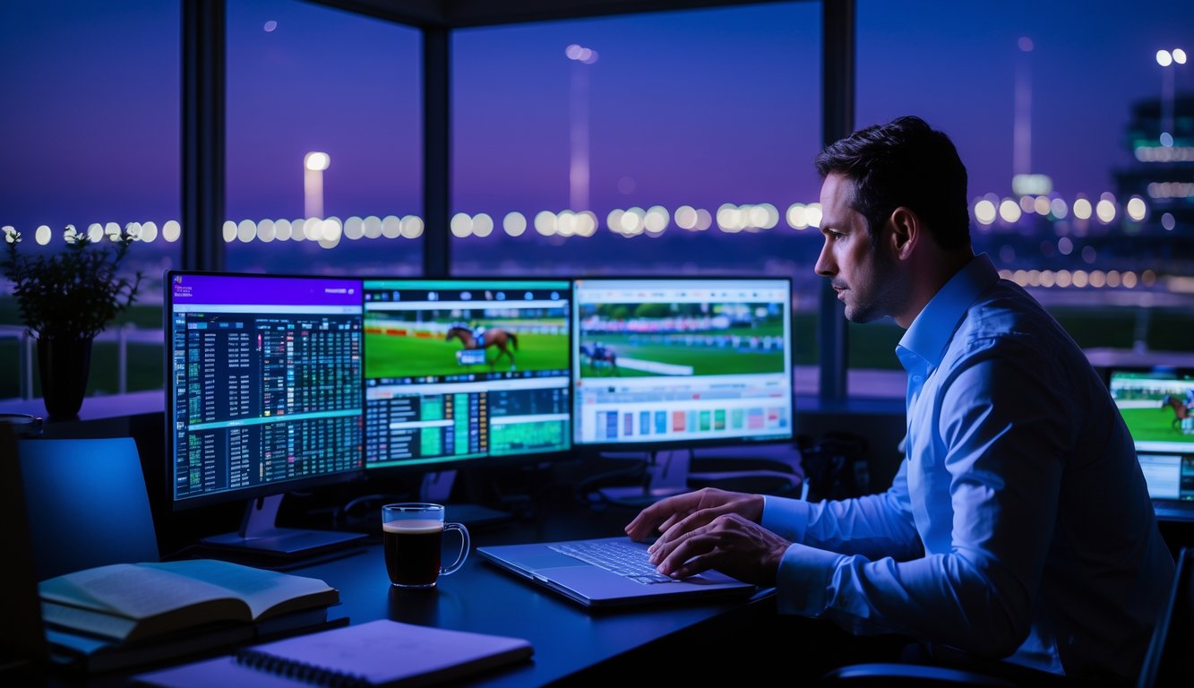 Seorang analis balap kuda sedang mempelajari data balapan malam hari di kantor dengan layar komputer dan pemandangan kota malam di belakangnya.