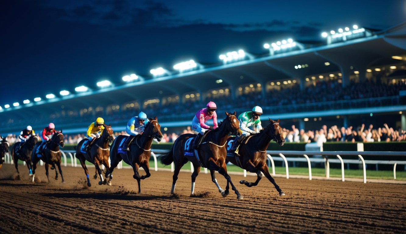 Balapan kuda malam hari di lintasan dengan kuda dan joki yang sedang berlari cepat, dikelilingi penonton di tribun.