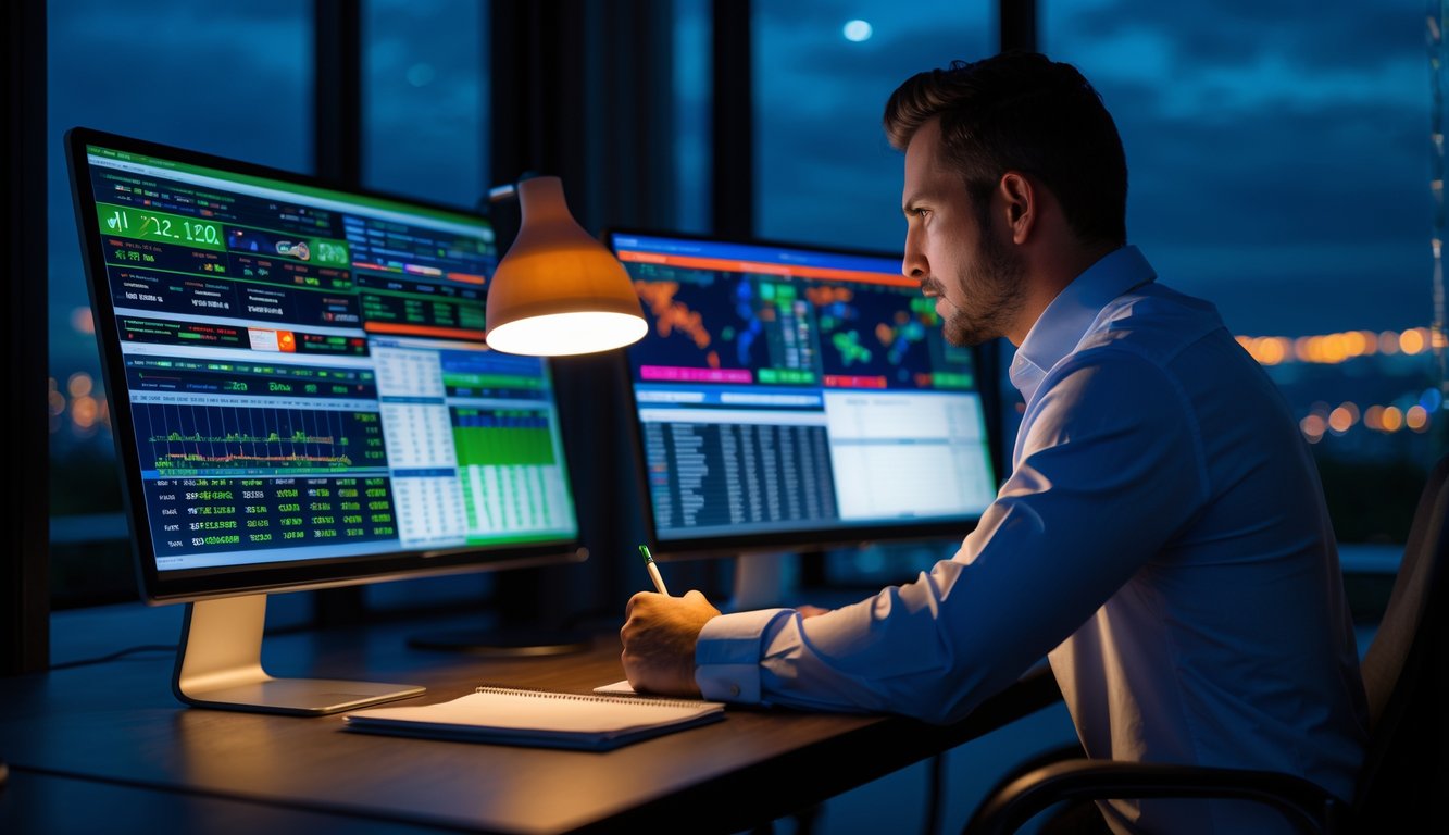 Seorang pria duduk di meja dengan beberapa layar komputer menampilkan data balap kuda di malam hari.