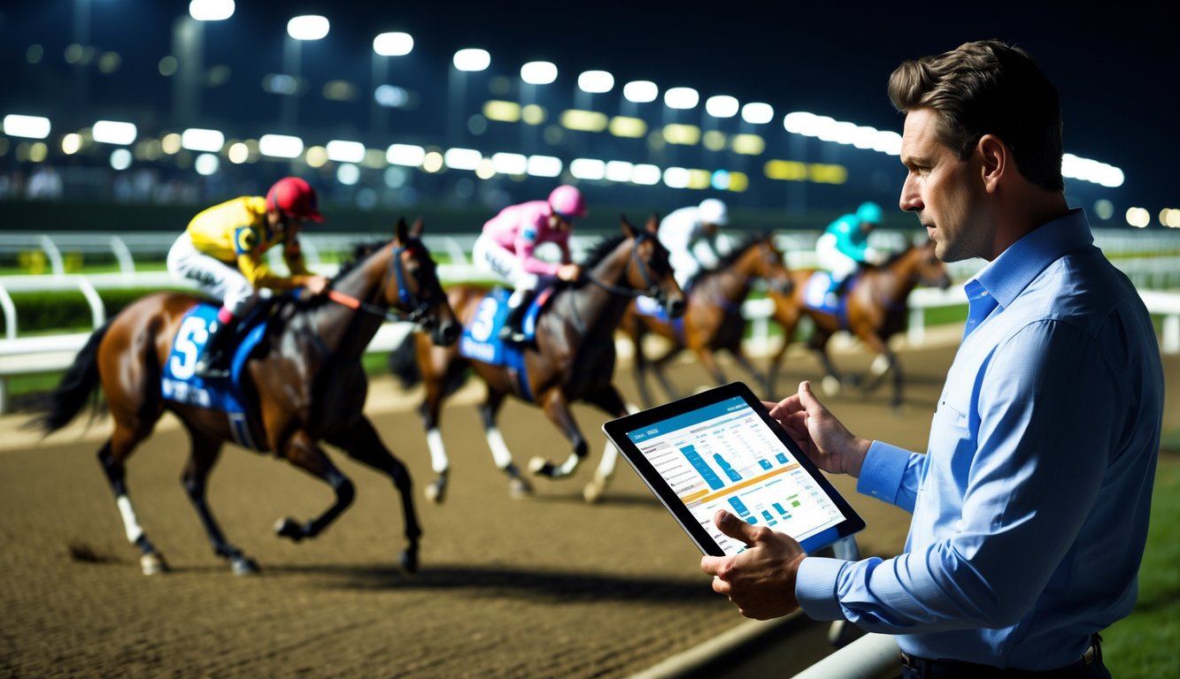 Seorang pria sedang menganalisis data balap kuda malam hari di dekat lintasan balap yang terang dengan kuda dan joki sedang berlomba.