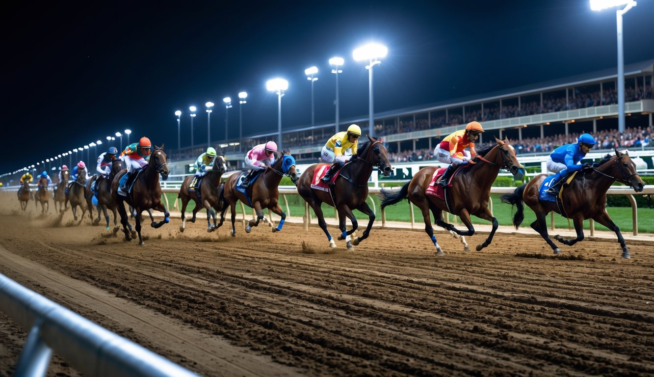 Balapan kuda malam hari dengan kuda-kuda berlari cepat di lintasan dan penonton di tribun yang antusias.
