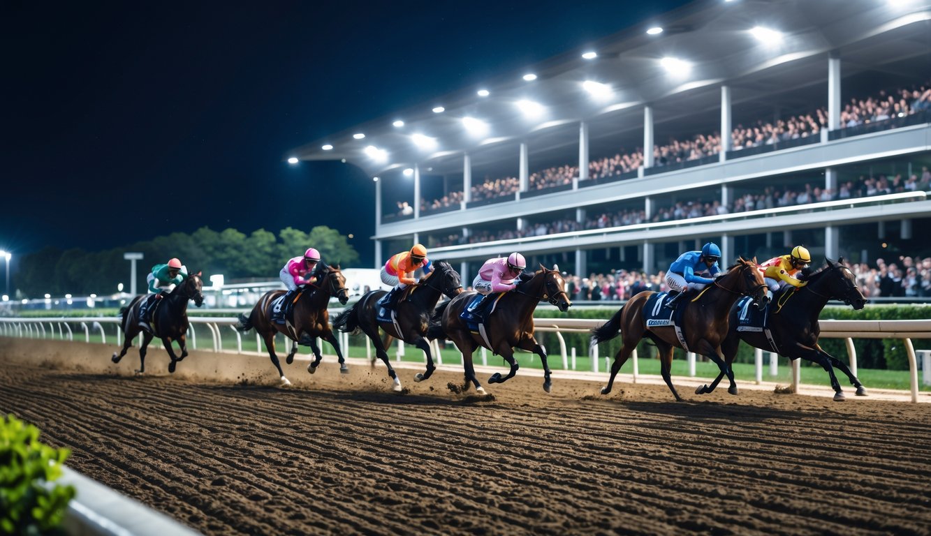 Beberapa kuda pacu dengan joki berwarna-warni sedang berlari cepat di lintasan pacuan kuda malam hari dengan tribun penonton dan lampu sorot yang terang.