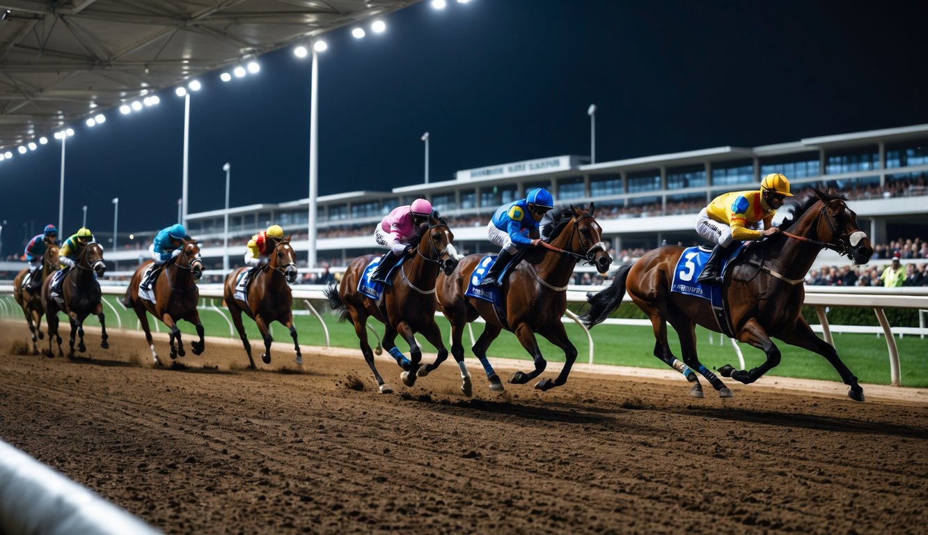 Balapan kuda malam hari di lintasan dengan joki mengenakan pakaian warna-warni dan penonton di tribun belakang.