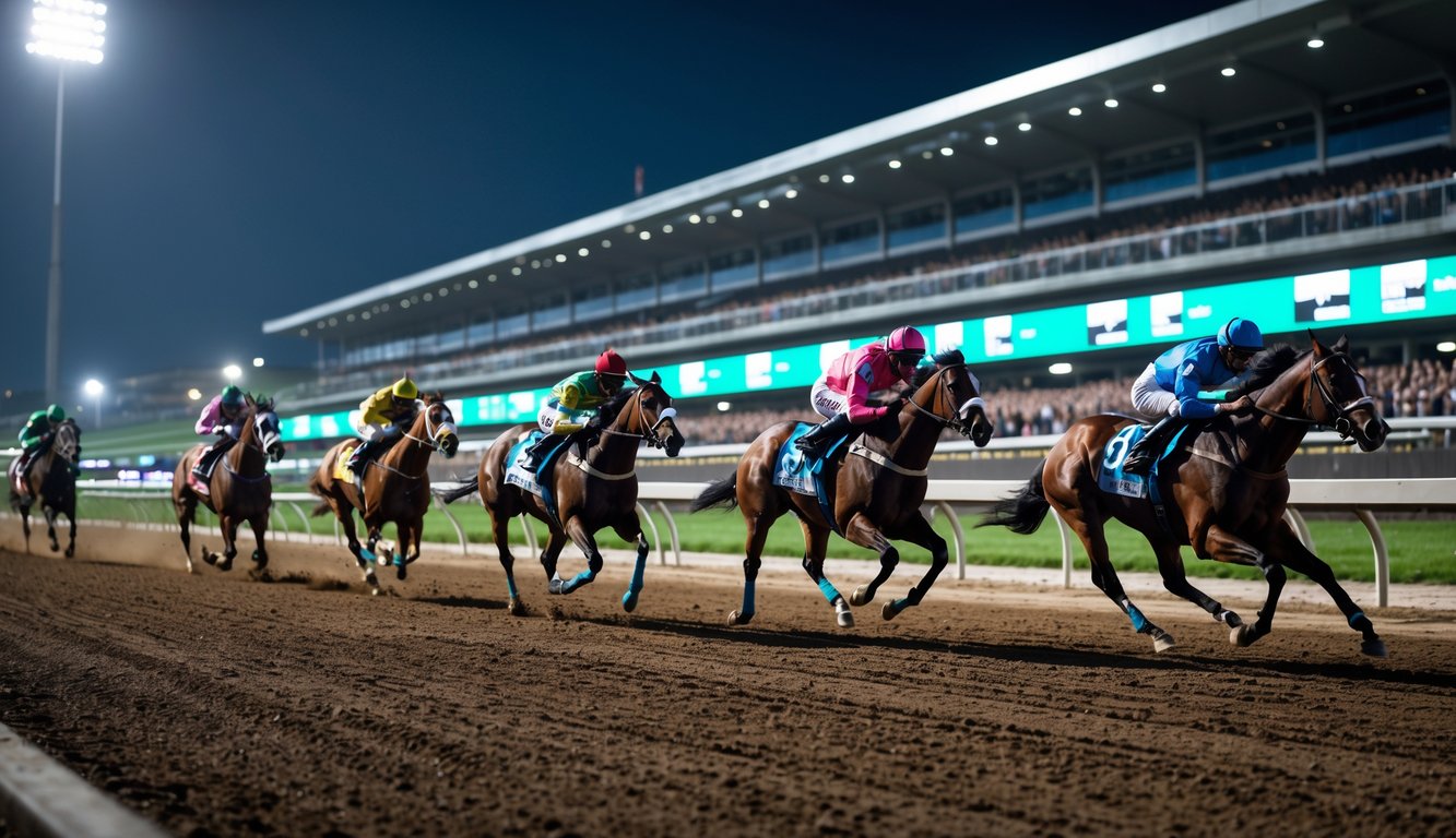 Balap kuda malam hari di arena dengan kuda dan joki sedang berlari cepat di lintasan, penonton terlihat di tribun belakang.