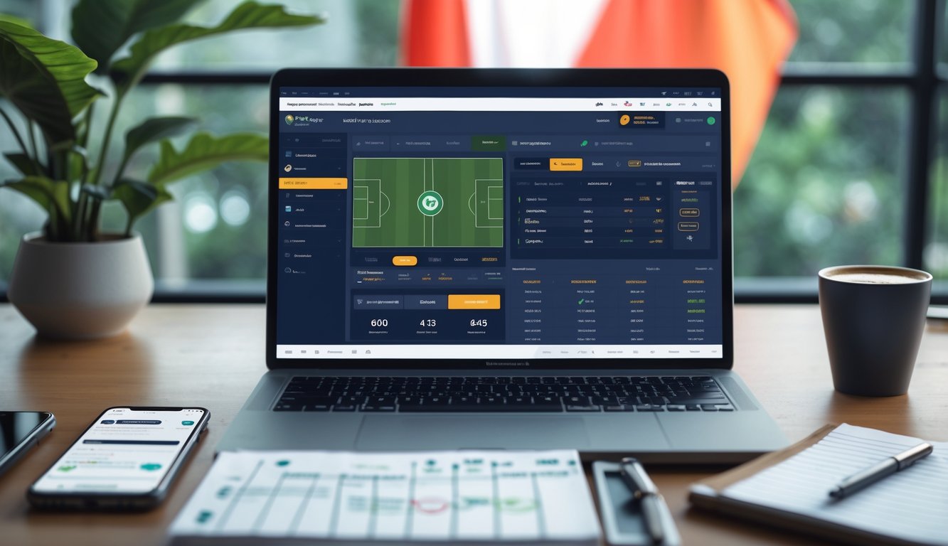 Seorang profesional bekerja di depan laptop dengan tampilan taruhan olahraga online, dikelilingi oleh smartphone, cangkir kopi, dan catatan, dengan latar belakang elemen budaya Indonesia.