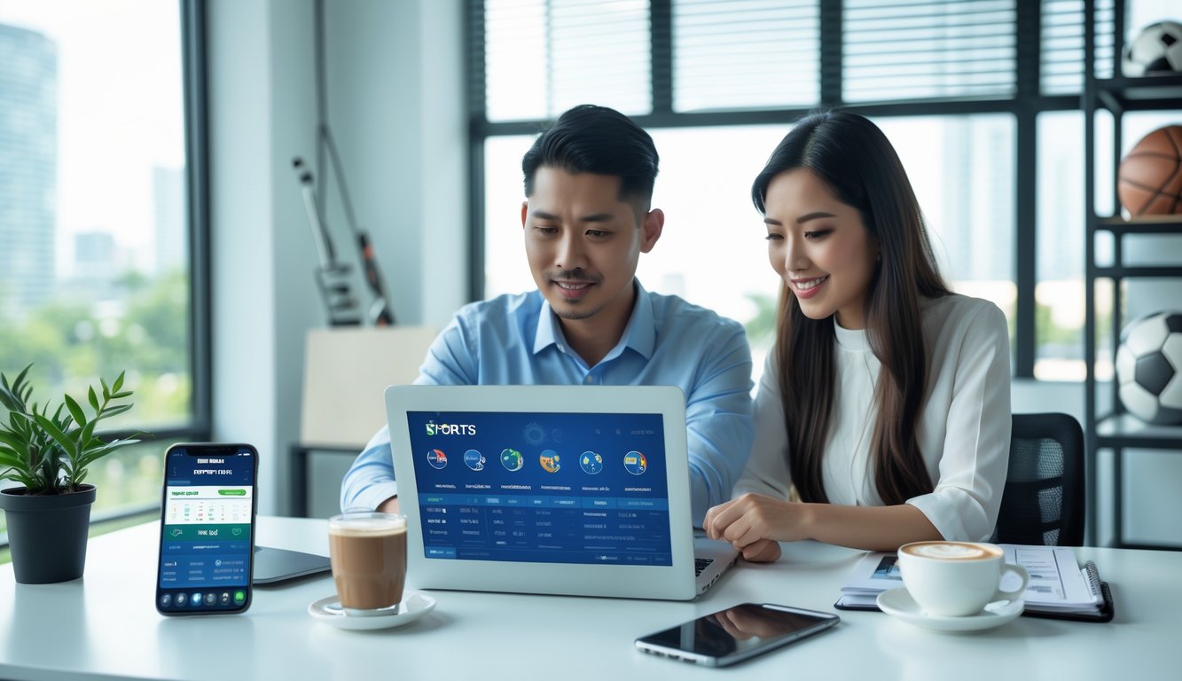 Seorang pria dan wanita Indonesia duduk di meja modern, berdiskusi tentang taruhan olahraga online dengan laptop dan ponsel di ruangan kantor yang terang.