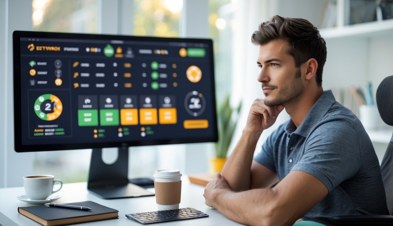 Seorang pria muda duduk di meja kerja dengan komputer menampilkan ikon olahraga dan grafik taruhan, menunjukkan aktivitas taruhan olahraga online.