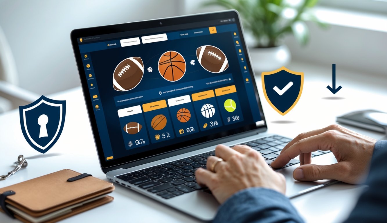 Seseorang menggunakan laptop dengan tampilan situs taruhan olahraga online yang aman dan terpercaya di ruang kerja yang rapi.