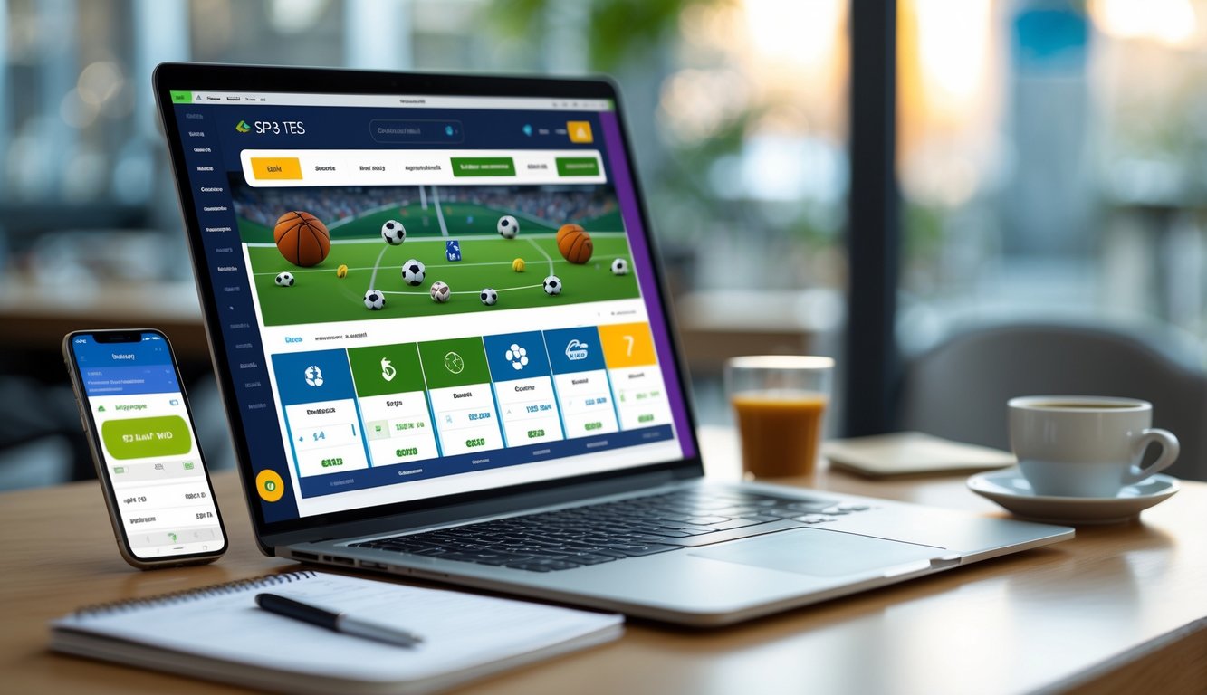Sebuah laptop di meja dengan tampilan situs taruhan olahraga online, dikelilingi smartphone, cangkir kopi, dan buku catatan di lingkungan kerja yang nyaman.