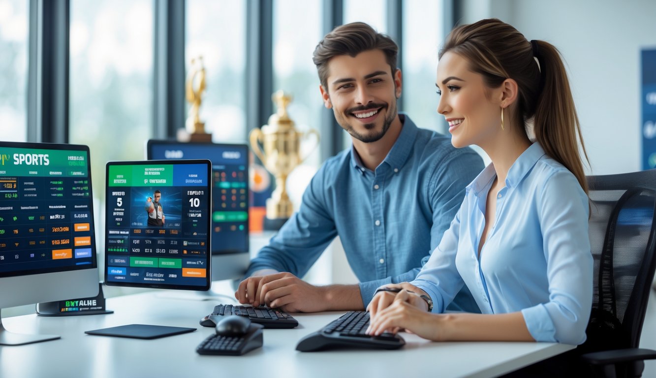 Dua orang muda sedang duduk di meja dengan perangkat digital yang menampilkan antarmuka taruhan olahraga, terlihat fokus dan berdiskusi dalam ruangan kantor yang terang.