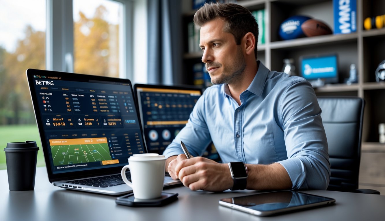 Seorang pria duduk di meja kerja dengan laptop dan beberapa layar menampilkan statistik dan pertandingan olahraga, fokus menganalisis data taruhan olahraga online.