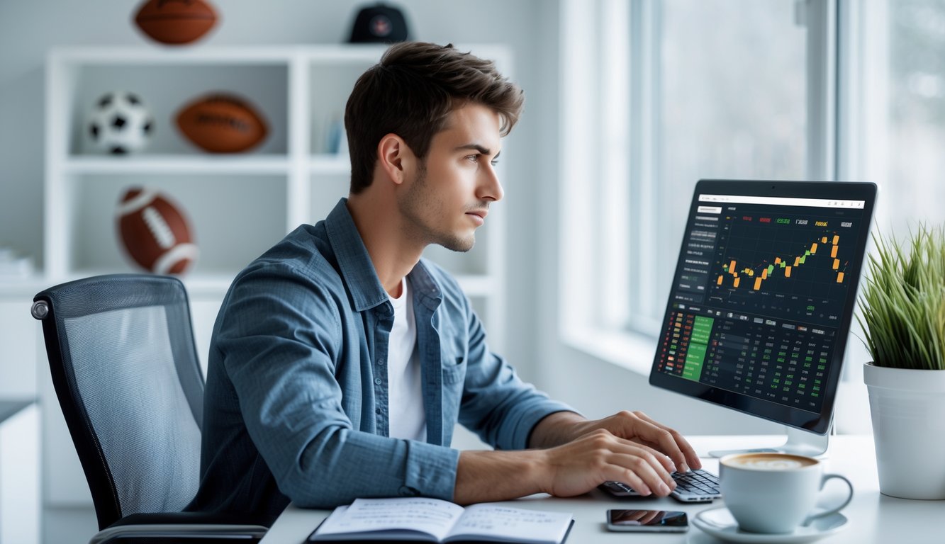 Seorang pria muda duduk di meja dengan laptop, menganalisis data taruhan olahraga online di ruang kerja yang rapi.