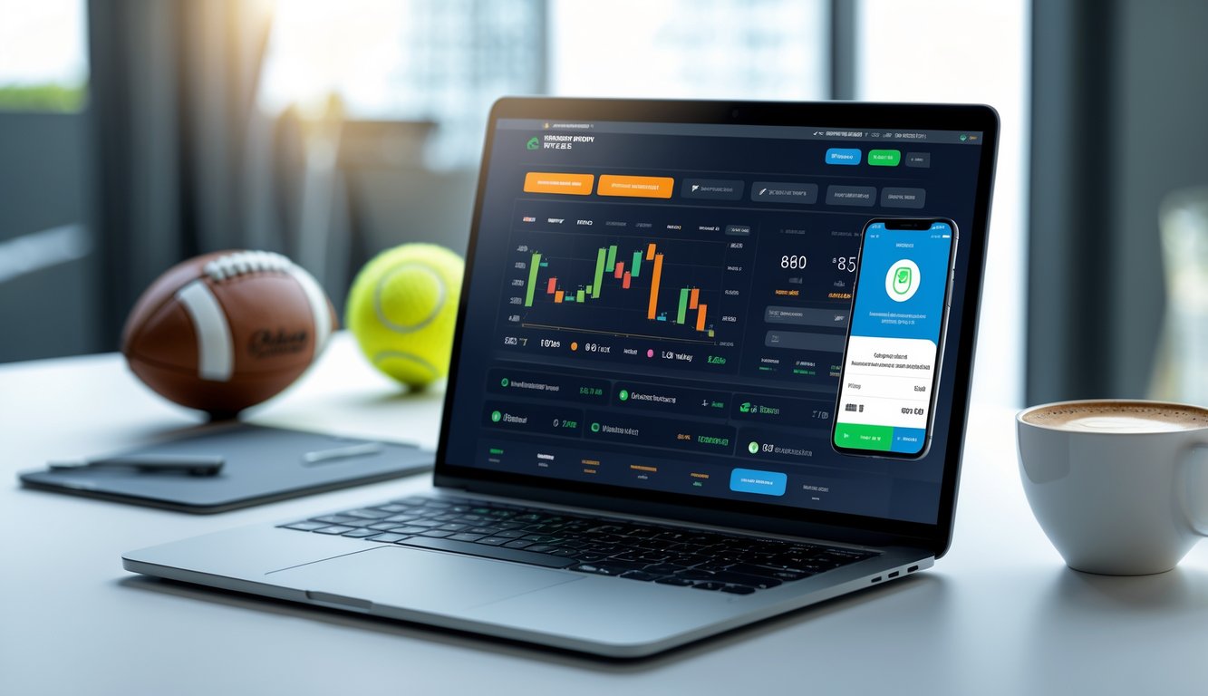 Meja kerja modern dengan laptop dan ponsel yang menampilkan aktivitas taruhan olahraga online, dikelilingi oleh perlengkapan olahraga seperti bola sepak dan bola basket.