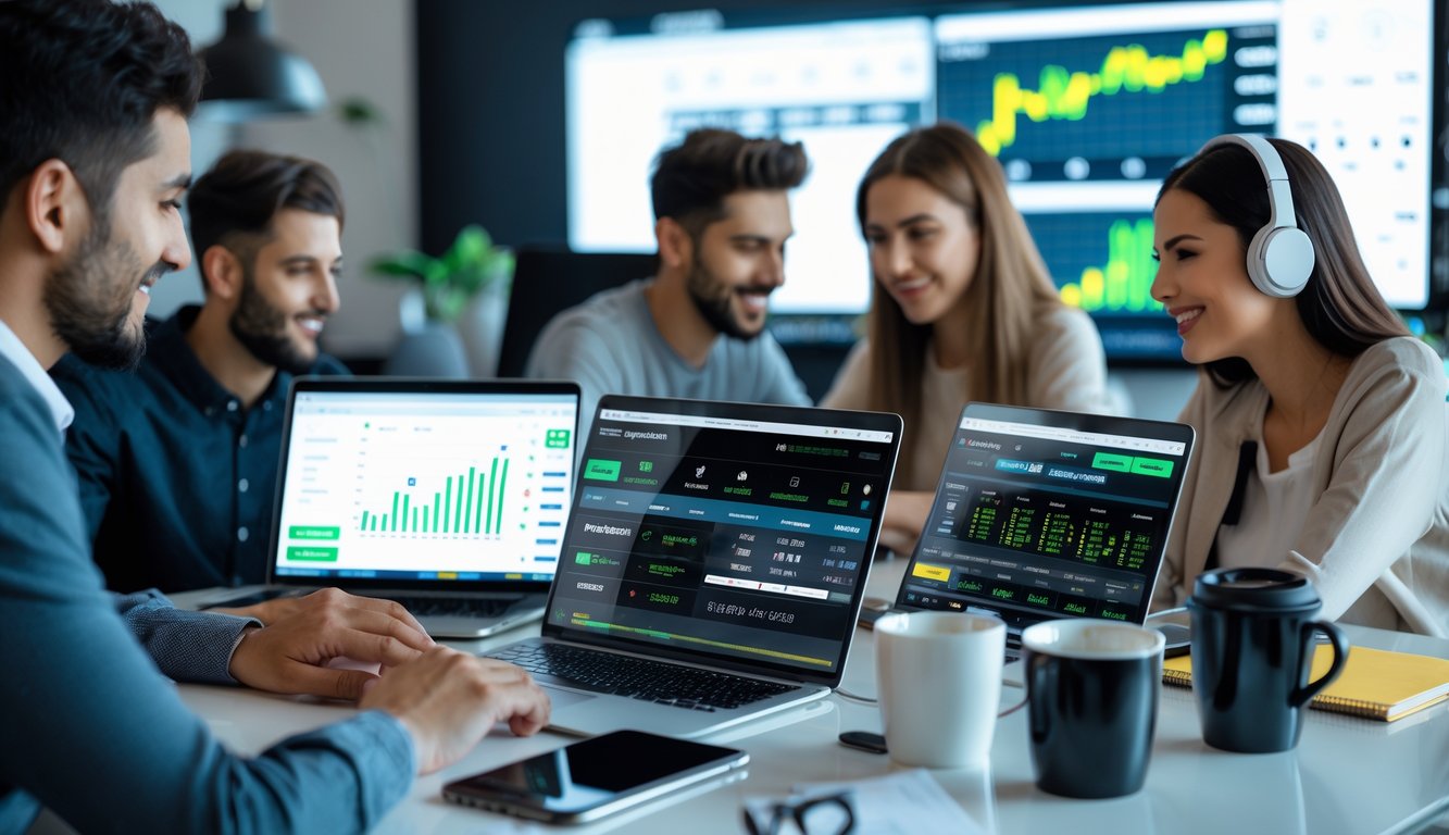 Beberapa orang sedang menggunakan perangkat digital untuk taruhan olahraga online di ruang kerja modern.