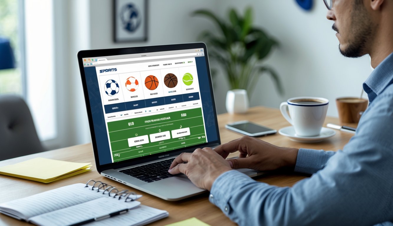 Seseorang duduk di meja kerja menggunakan laptop yang menampilkan situs taruhan olahraga dengan ikon berbagai olahraga, di ruang yang terang dan rapi.