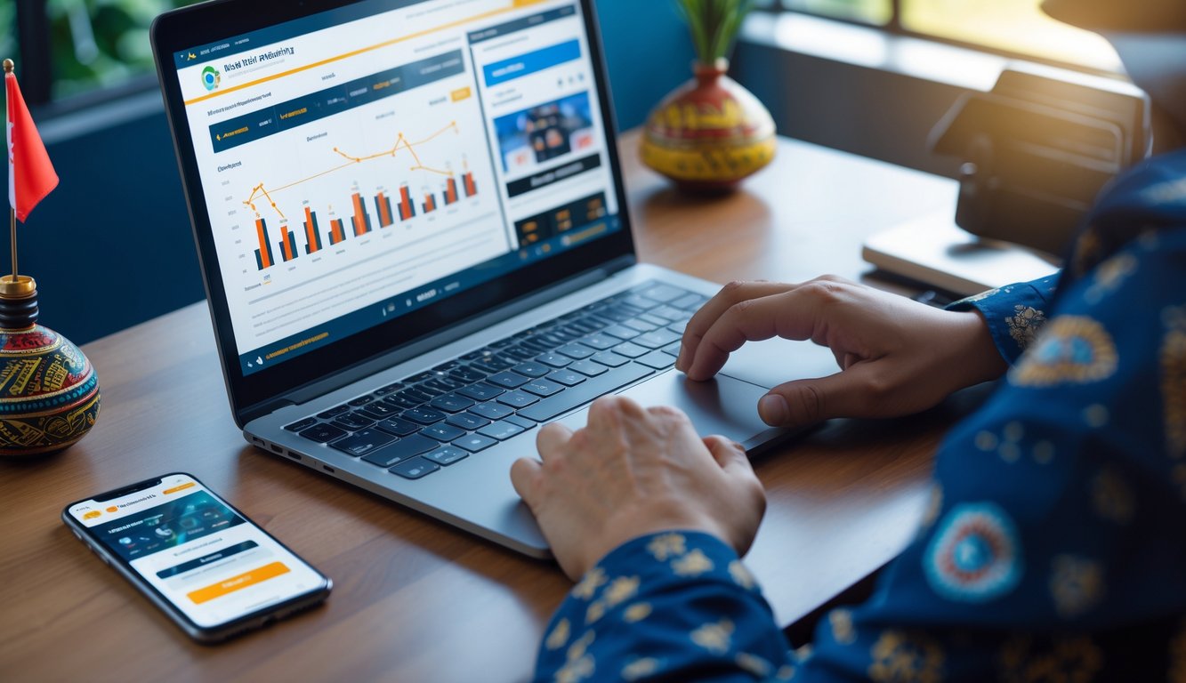 Seseorang menggunakan laptop dan ponsel di meja kerja dengan bendera Indonesia kecil di dekatnya.