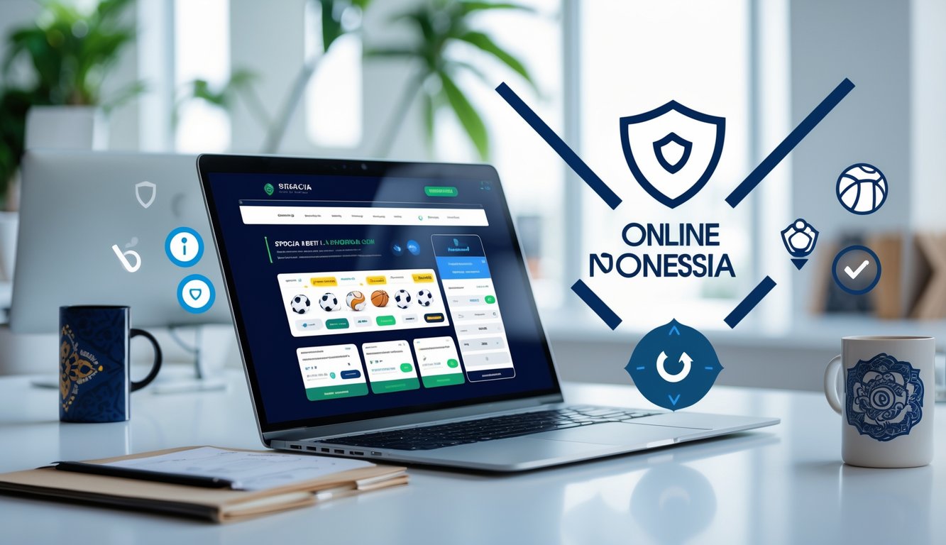 Sebuah ruang kerja modern dengan laptop yang menampilkan antarmuka taruhan olahraga online, dikelilingi simbol keamanan dan elemen budaya Indonesia.