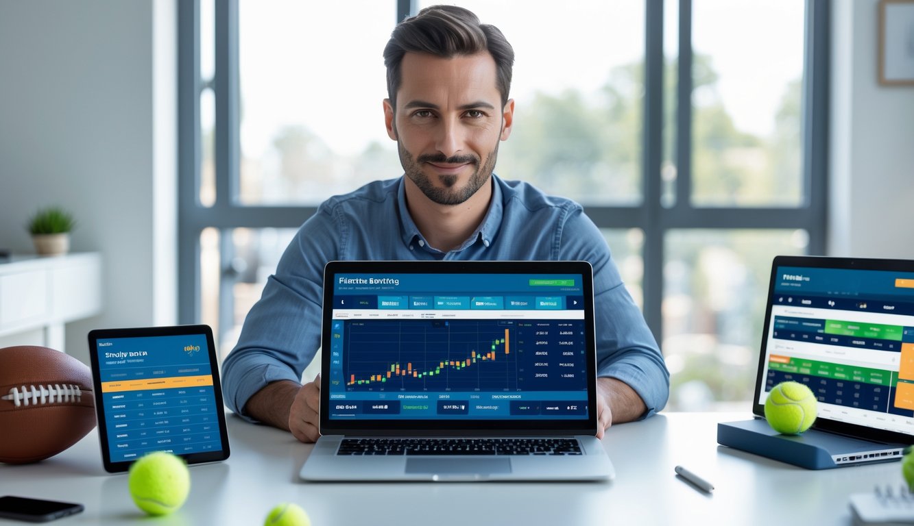Seorang pria duduk di meja dengan laptop dan perangkat digital lain, fokus melihat statistik taruhan olahraga online.