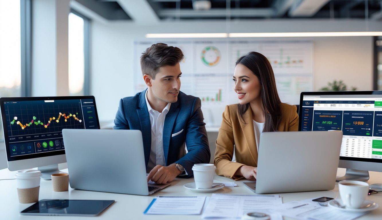 Dua orang muda sedang fokus menganalisis statistik dan strategi taruhan olahraga online di ruang kerja modern.