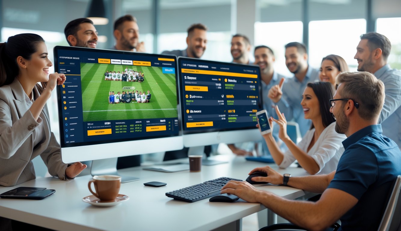Beberapa orang sedang menggunakan komputer dan ponsel untuk taruhan olahraga online di ruang kerja yang rapi dan terang.