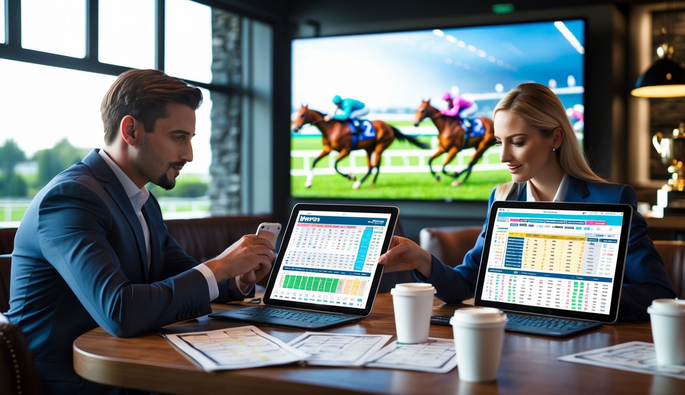 Dua orang sedang melihat data balap kuda di tablet dan laptop di sebuah bar olahraga dengan layar besar yang menampilkan balapan kuda langsung.
