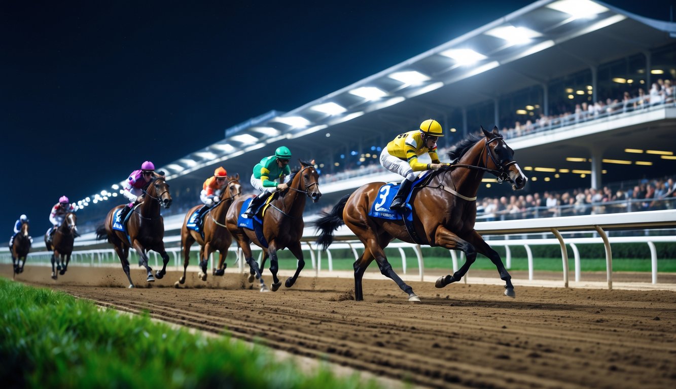 Balapan kuda malam hari dengan beberapa kuda dan joki yang sedang berlari di lintasan, di depan tribun penonton yang ramai.