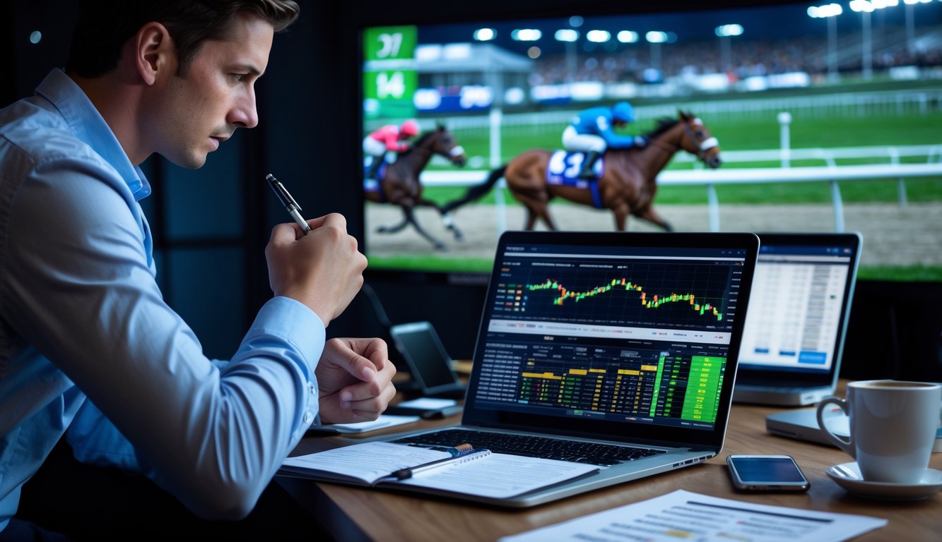 Seseorang sedang menganalisis prediksi balap kuda malam hari di sebuah ruang kerja dengan layar komputer dan catatan.