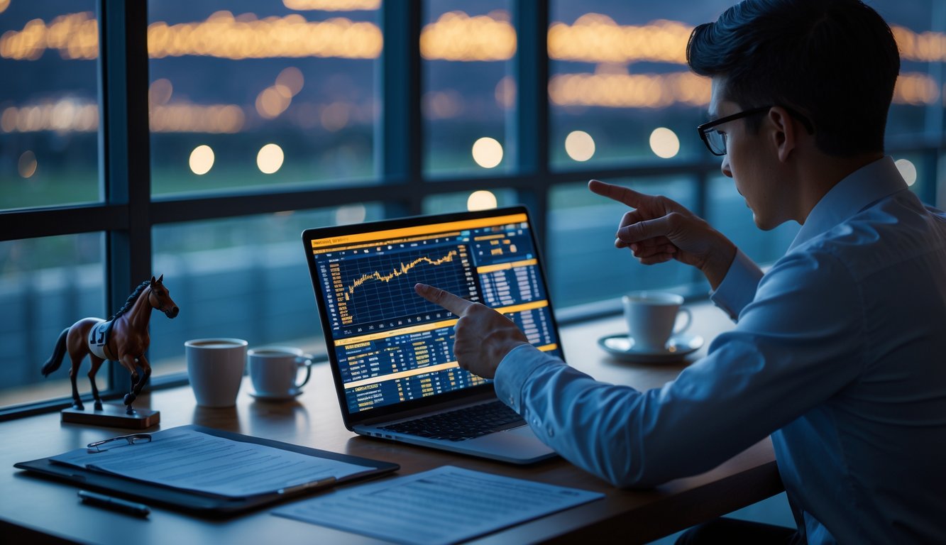 Seseorang sedang menganalisis prediksi balap kuda di malam hari dengan laptop dan catatan di meja kerja.