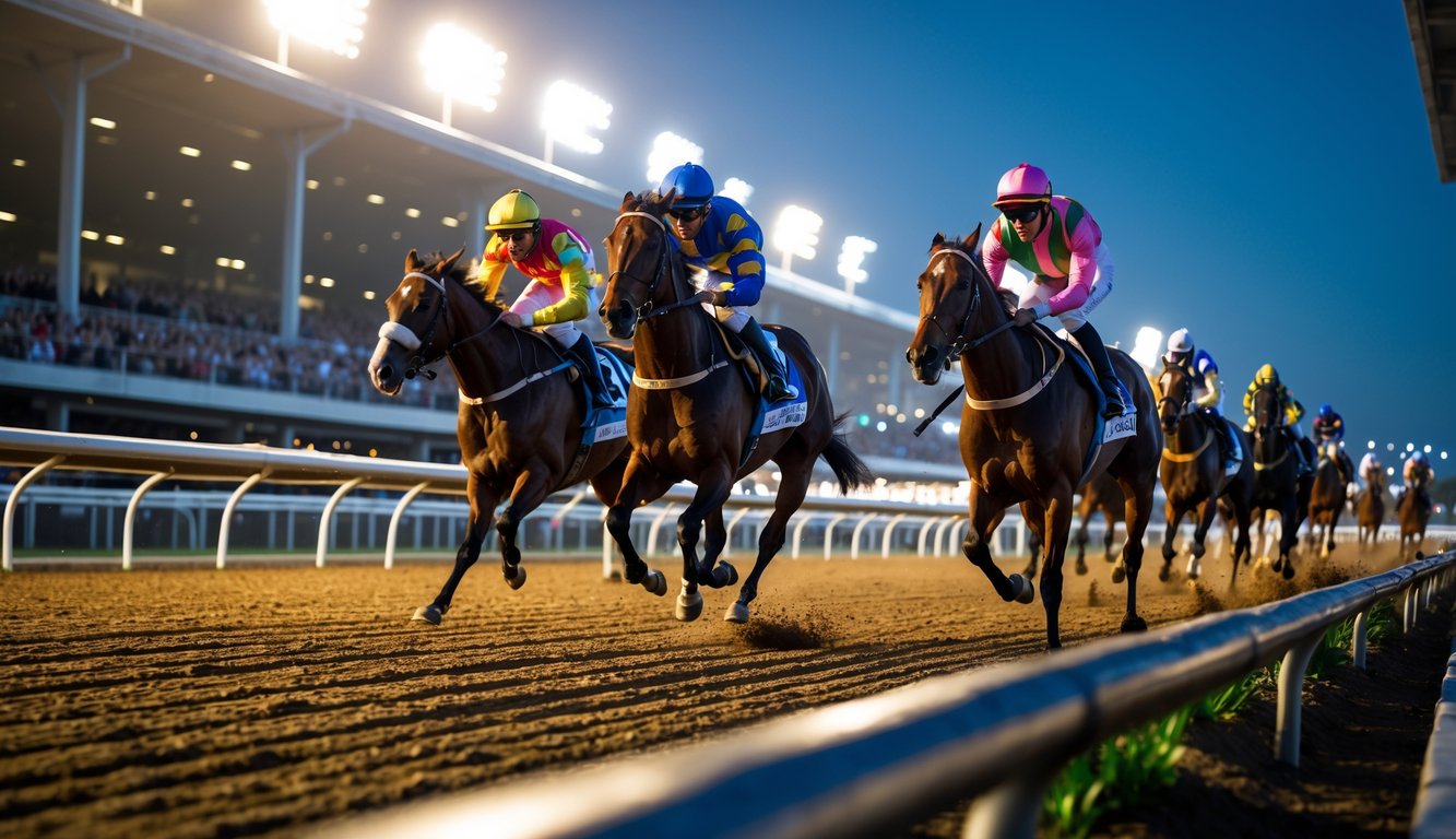 Balap kuda malam hari dengan joki mengenakan pakaian balap warna-warni mengendarai kuda di lintasan yang terang benderang dengan penonton di latar belakang.