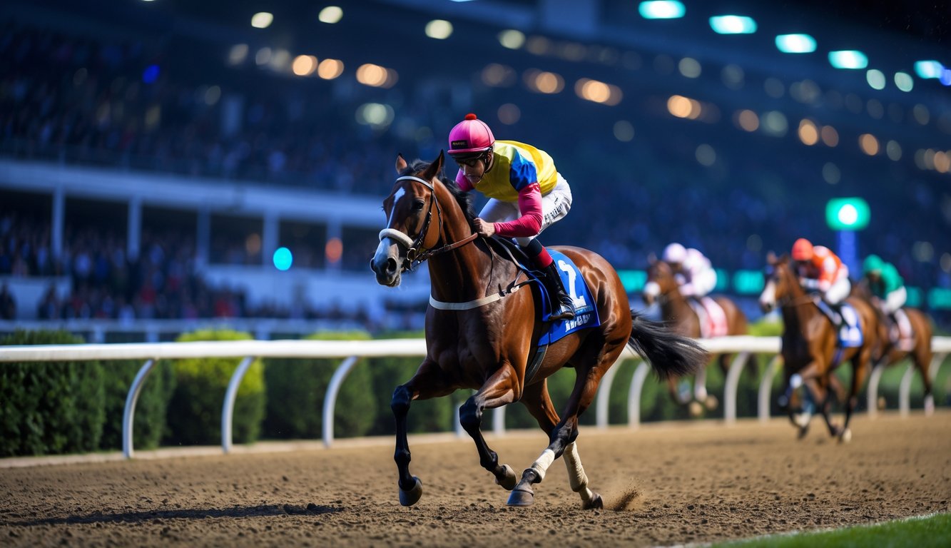 Seorang joki menunggang kuda balap dengan kecepatan tinggi di lintasan balap yang diterangi lampu malam hari.