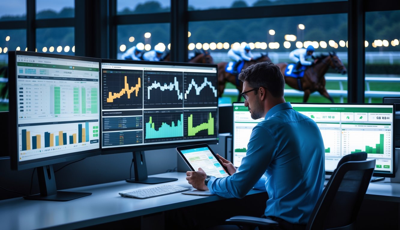 Seorang analis sedang memeriksa data statistik balap kuda malam hari dengan latar belakang lintasan balap yang terlihat dari jendela.
