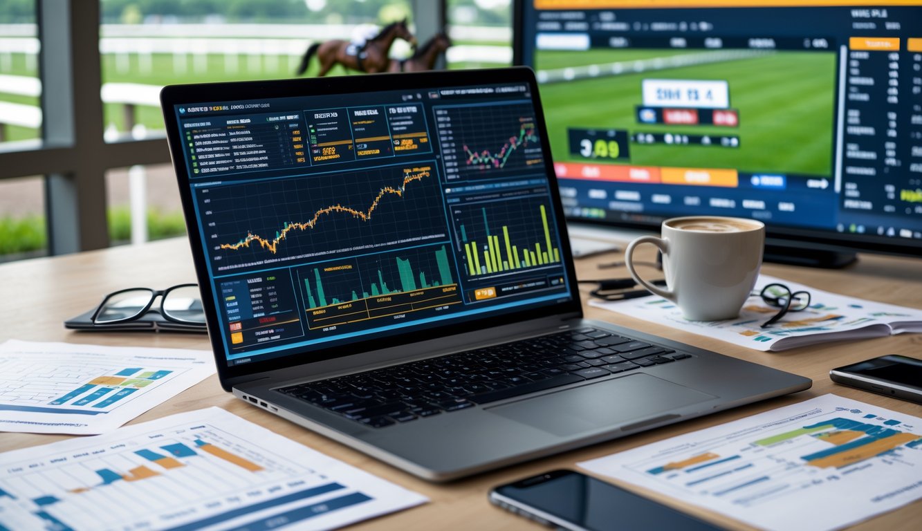 Sebuah ruang kerja dengan laptop yang menampilkan grafik statistik balap kuda, layar digital dengan peta lintasan balap dan data taruhan, serta meja dengan dokumen dan cangkir kopi.