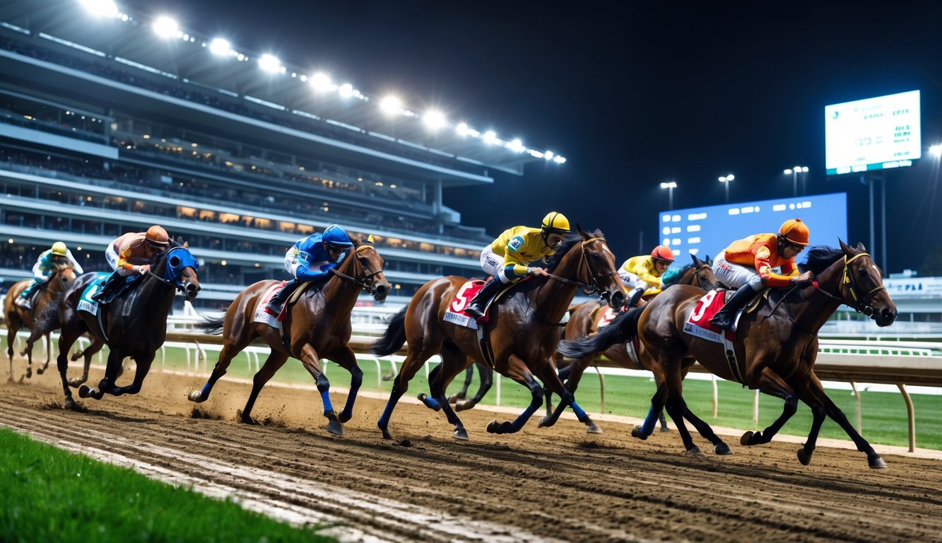 Pemandangan balap kuda malam hari dengan kuda-kuda berlari cepat dan joki mengenakan pakaian balap berwarna-warni di lintasan yang diterangi lampu stadion.