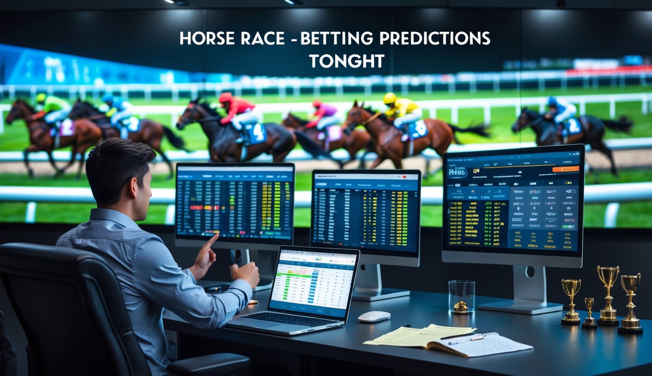 Seorang petaruh muda sedang menganalisis data balap kuda malam hari di depan beberapa layar digital di ruang taruhan modern.