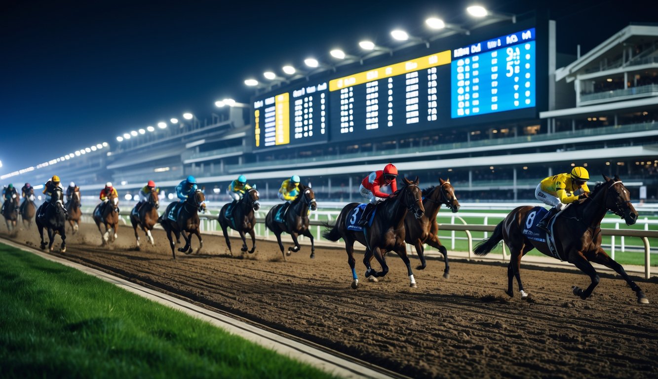 Lomba kuda malam hari di arena pacuan dengan kuda dan joki sedang berlari, penonton memperhatikan dan suasana penuh semangat.