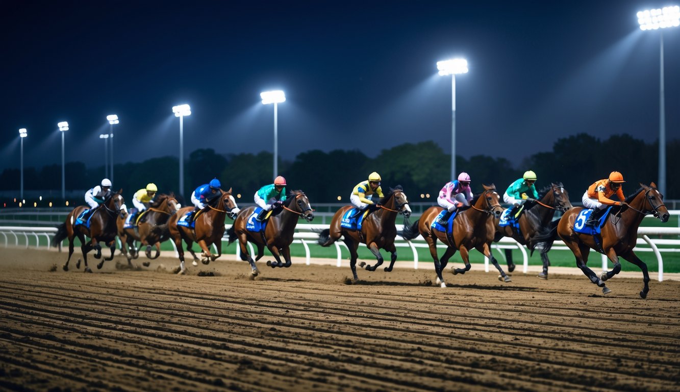 Balapan kuda malam hari dengan beberapa kuda dan joki yang sedang berlomba di lintasan yang diterangi lampu.