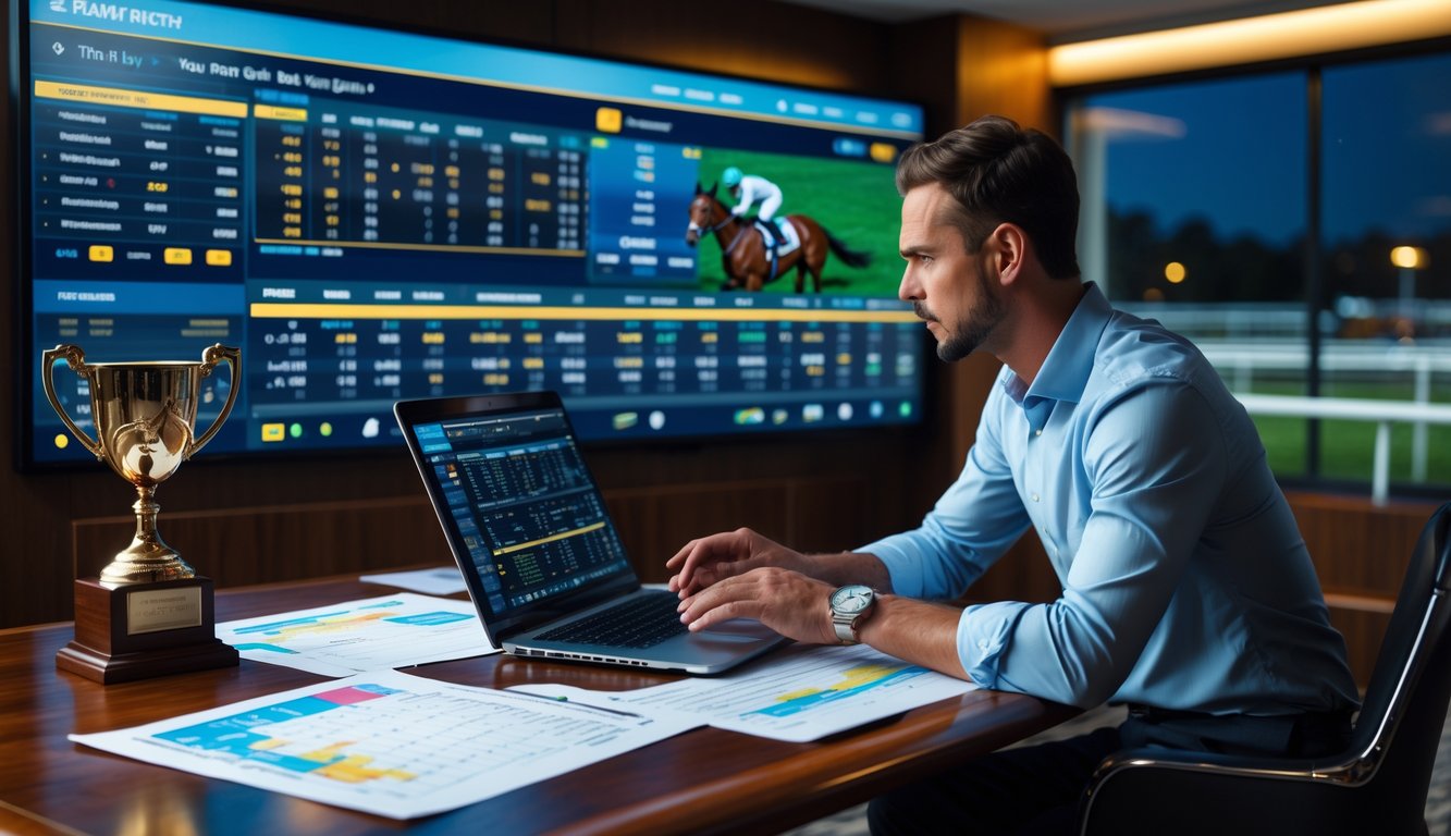 Seorang pria sedang menganalisis data balap kuda malam hari di sebuah ruangan dengan layar digital dan meja penuh catatan.