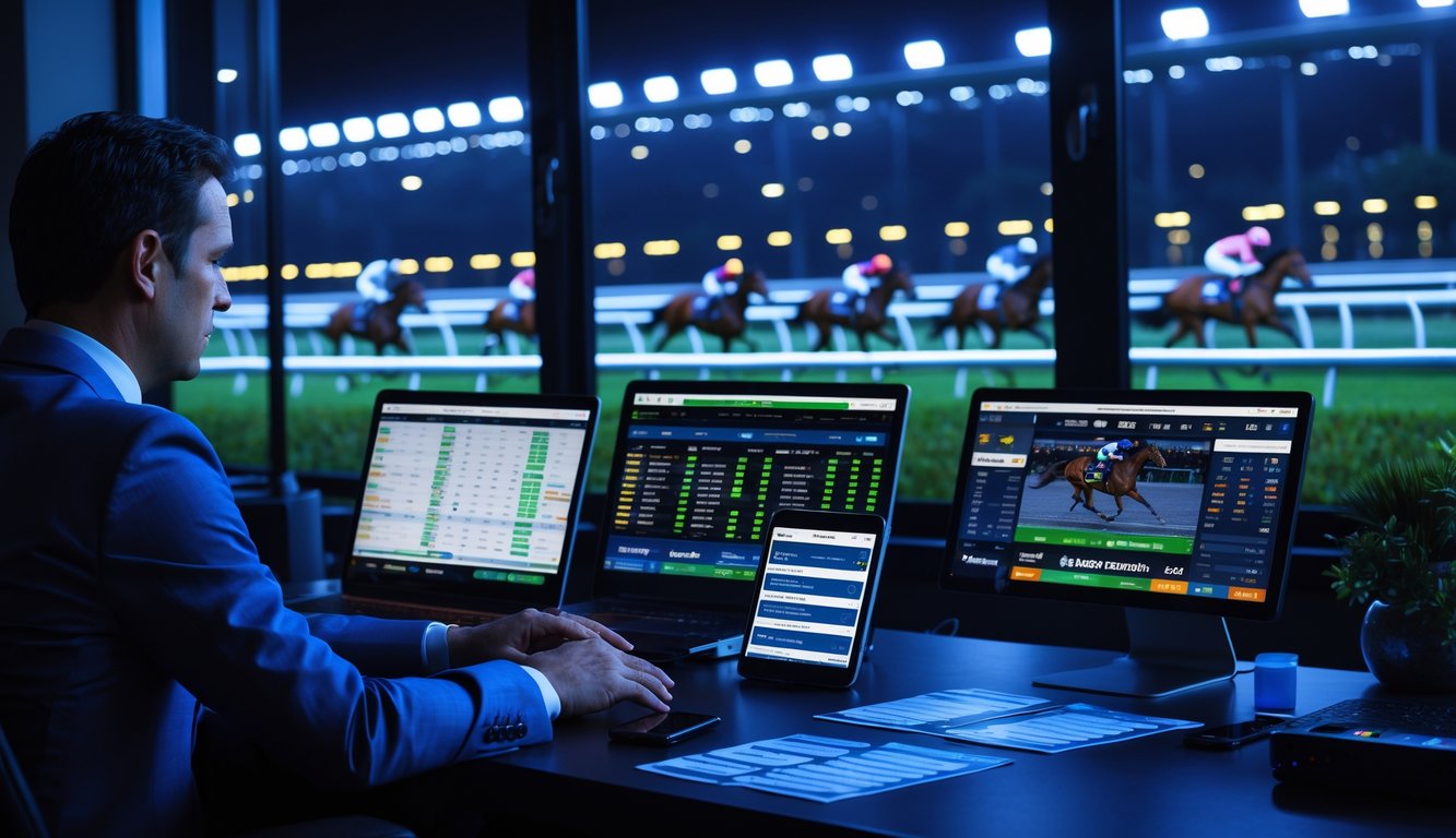 Seseorang sedang memperhatikan layar dengan data balap kuda malam hari di sebuah ruangan modern dengan pemandangan lintasan balap kuda yang menyala di malam hari.