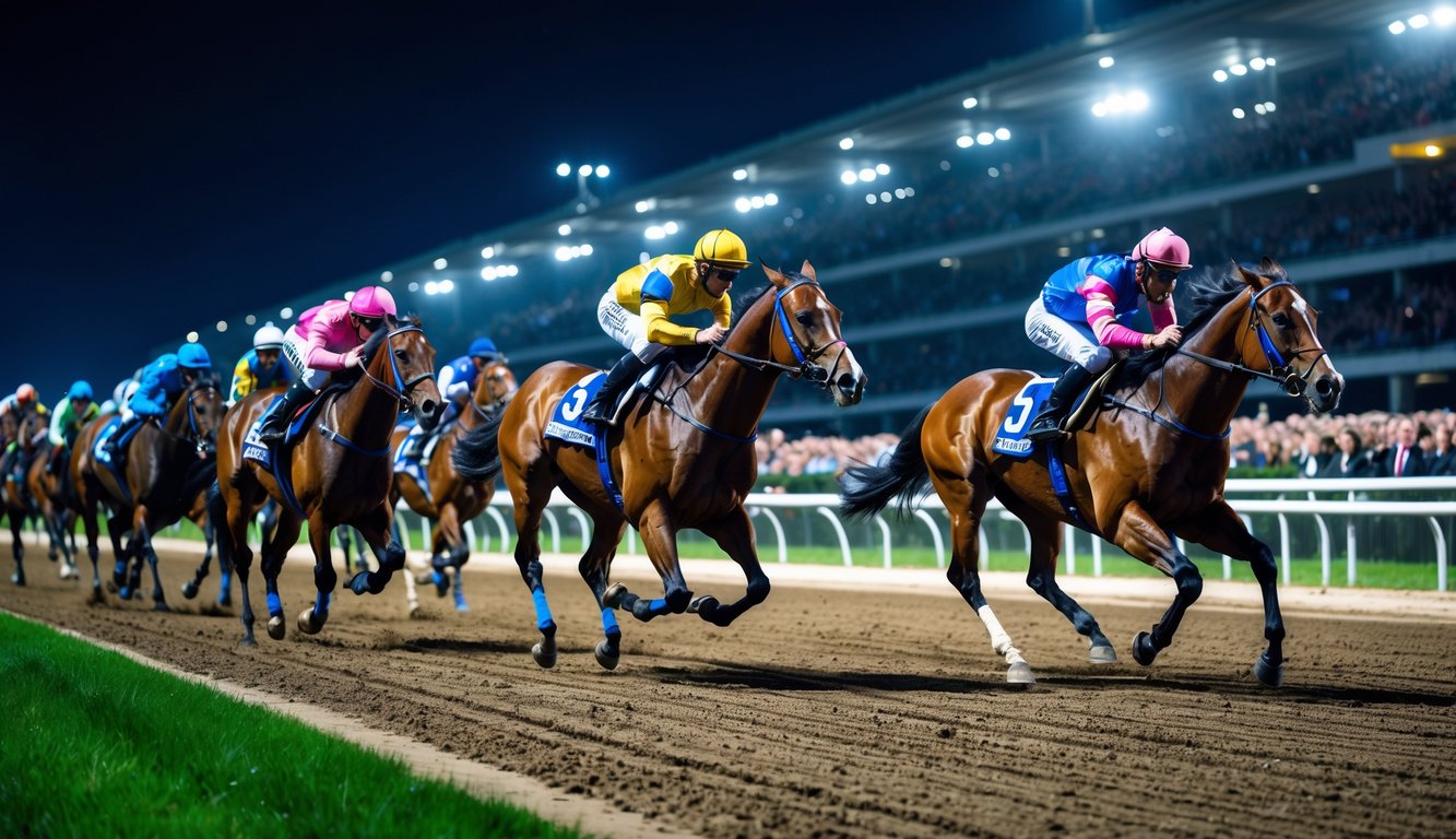 Balapan kuda malam hari dengan beberapa kuda dan joki yang sedang berlari cepat di lintasan, di depan tribun penonton yang ramai.