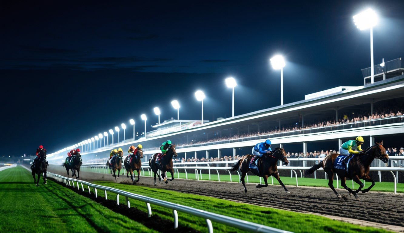 Balapan kuda malam hari di lintasan yang diterangi lampu dengan kuda dan joki yang sedang berlomba, serta penonton di tribun yang menyaksikan perlombaan.