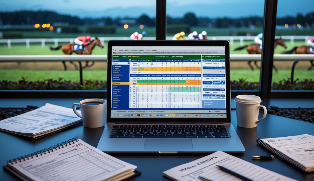 Meja kerja dengan laptop yang menampilkan statistik balap kuda, formulir cetak, dan catatan, dengan latar belakang lintasan balap kuda yang menyala di malam hari dan kuda sedang berlomba.