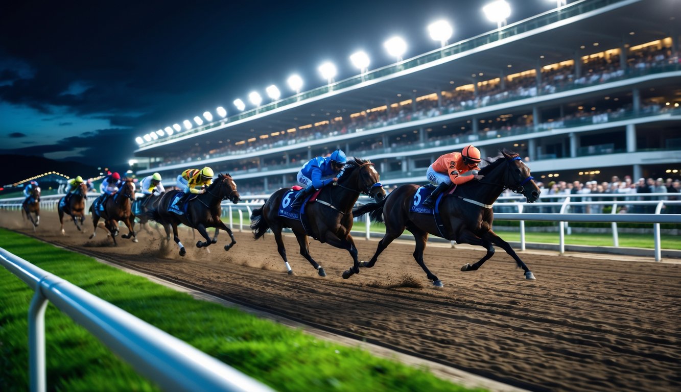 Balap kuda malam hari dengan kuda berlari cepat di lintasan dan penonton di tribun.