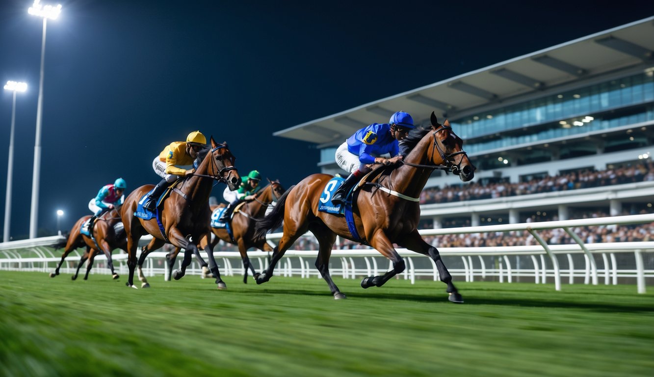 Beberapa kuda pacu dengan joki sedang berlari cepat di lintasan balap kuda yang diterangi lampu pada malam hari dengan penonton di tribun.