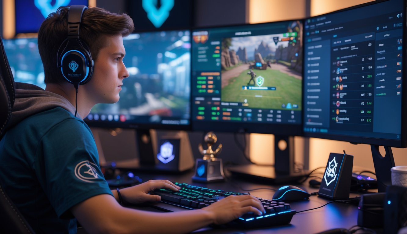 Seorang pria muda sedang fokus melihat layar komputer yang menampilkan pertandingan esports Dota 2 dengan beberapa monitor dan perlengkapan gaming di meja.