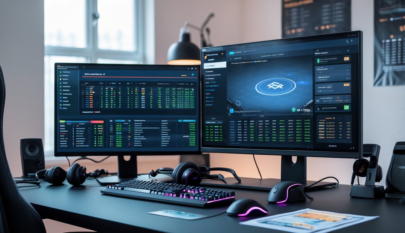Sebuah meja gaming dengan komputer yang menampilkan antarmuka permainan Dota 2 dan elemen terkait taruhan esports di sekitarnya.